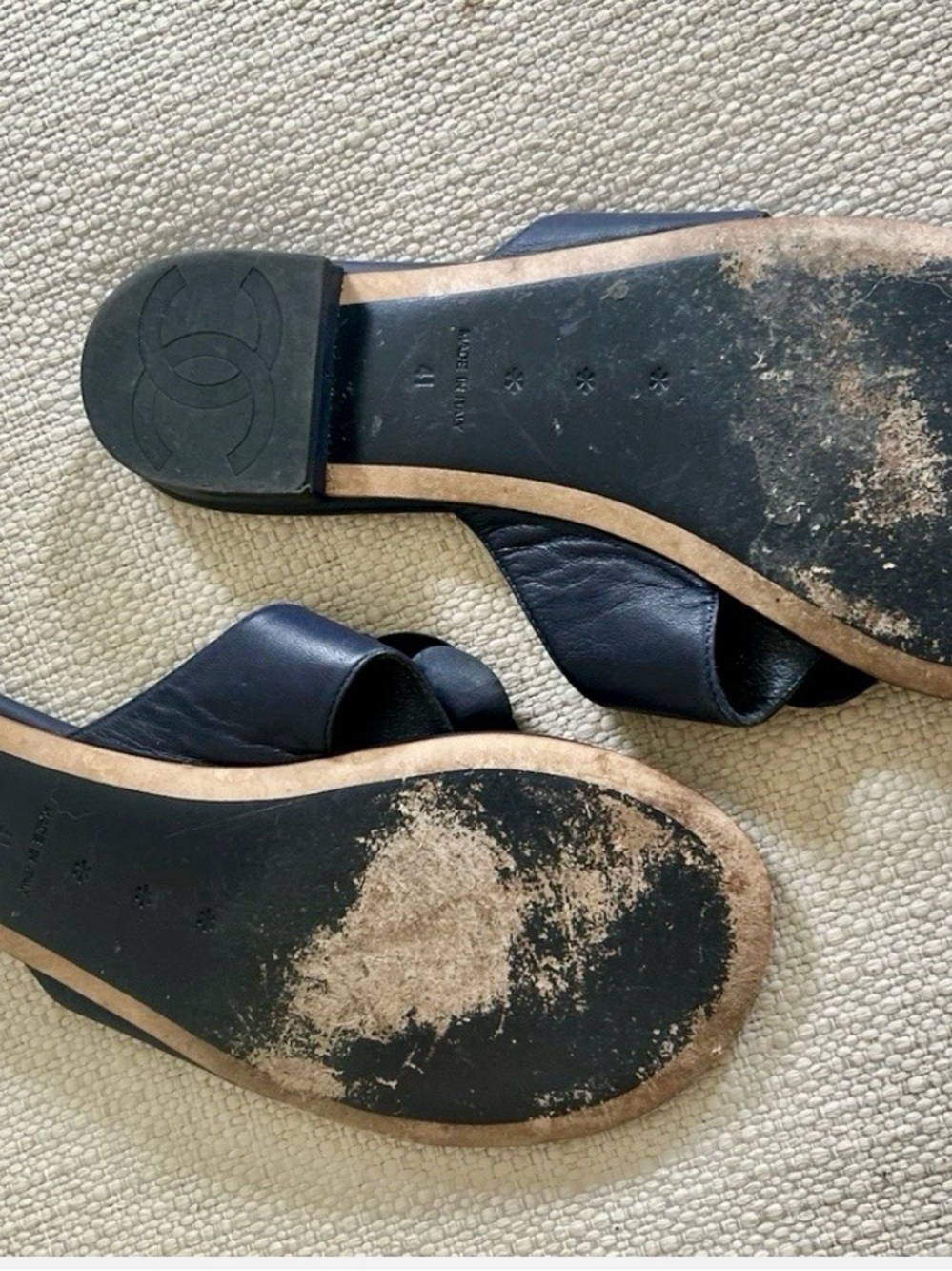 CHANEL Navy Camellia Leather Slide Sandals - Picture 6 of 6